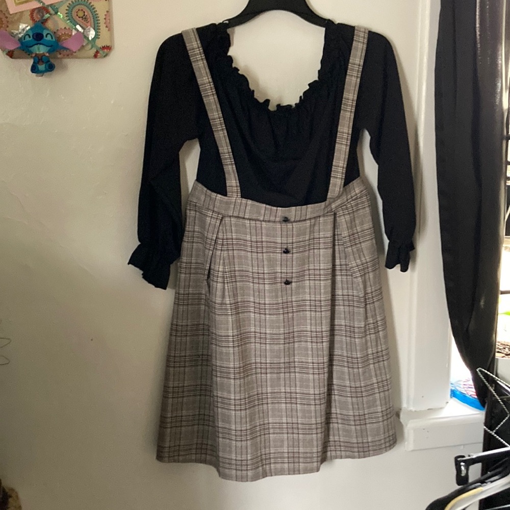One piece ruffle top with Plaid Suspender Skirt gently used size OXL
